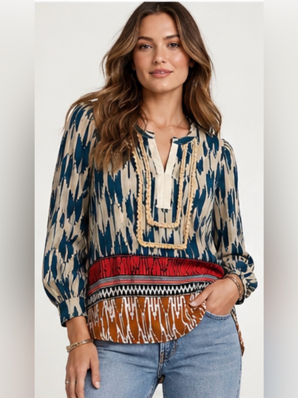 Maeve Anthropologie Multicolor Boho Pom-Pom Trim Tunic Blouse – Size 12